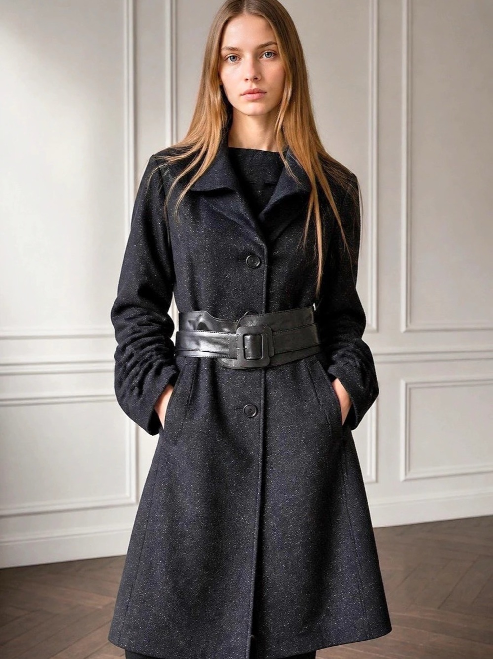 Mackage Wool Blend Belted Coat in Blue and delicate sparkling Size Large